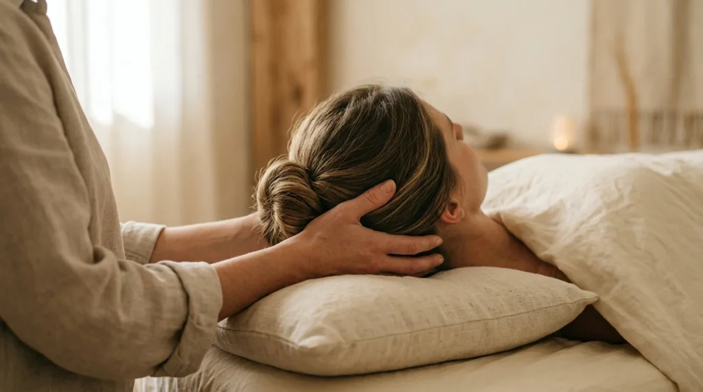 Osteopato rankos švelniai laiko paciento galvą kranialinės osteopatijos technikos metu