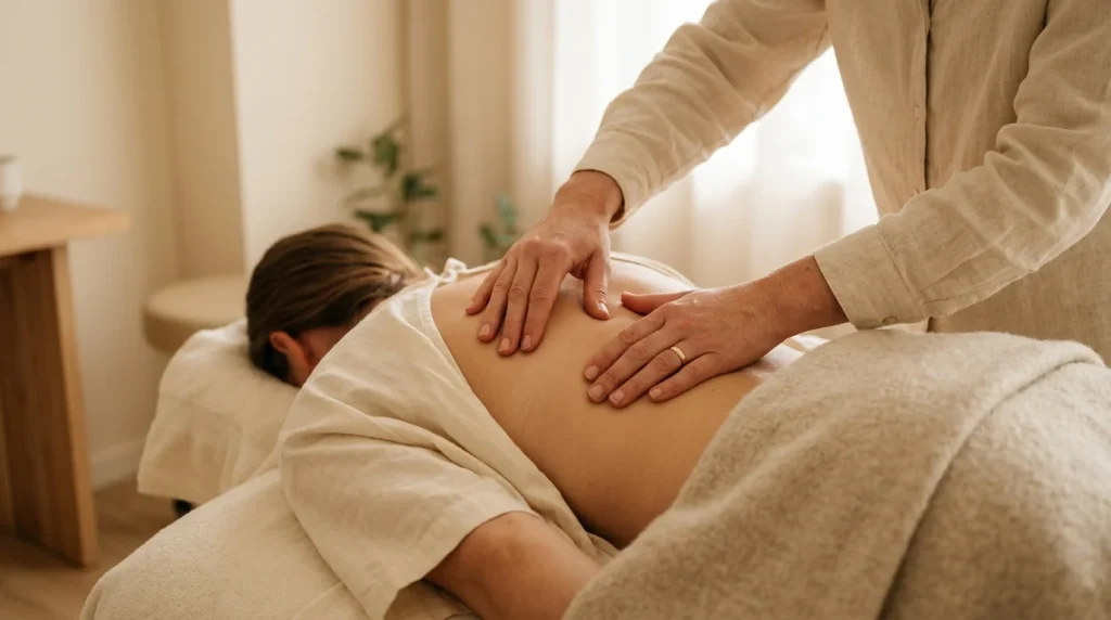 Osteopato rankos atlieka techniką paciento nugaros srityje